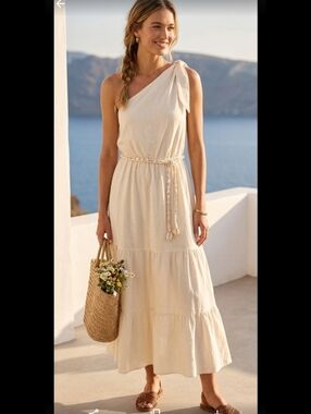 Anthropologie White One Shoulder Tiered Midi Dress  Boho Bridal Grecian LP